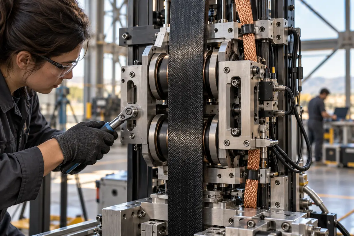 Concept image: close view of proposed space-elevator climber rollers gripping a flat composite tether ribbon in a ground test bay.