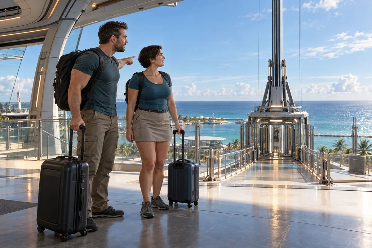Concept image: Two adults with hand luggage look toward a space-elevator boarding area at an ocean terminal.