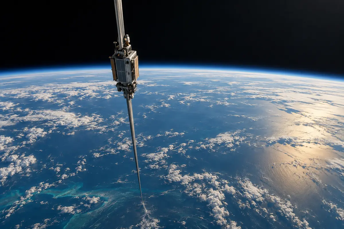 Concept image: orbital concept view of a small space-elevator climber on a thin tether above the curved Earth and equatorial ocean.