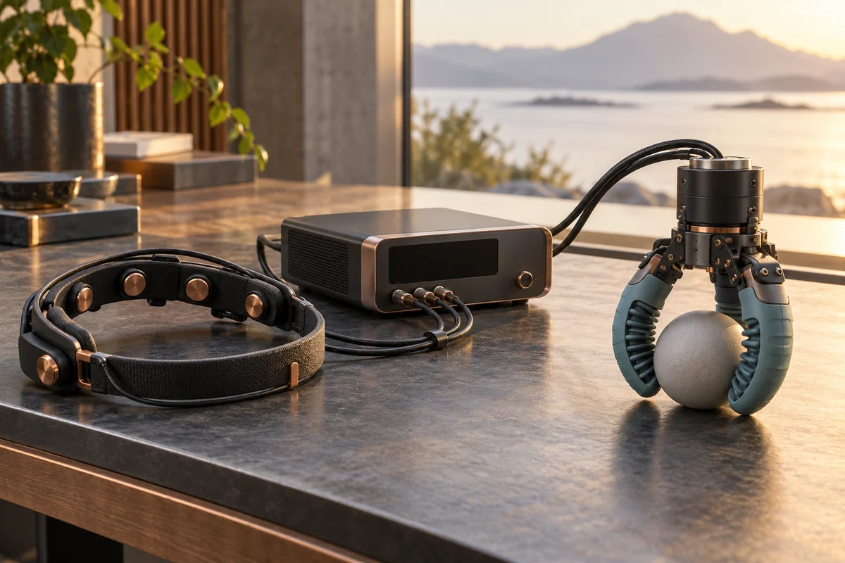 Concept image: a removable neural sensing headband connected to assistive robotic hardware on an uncluttered bench.