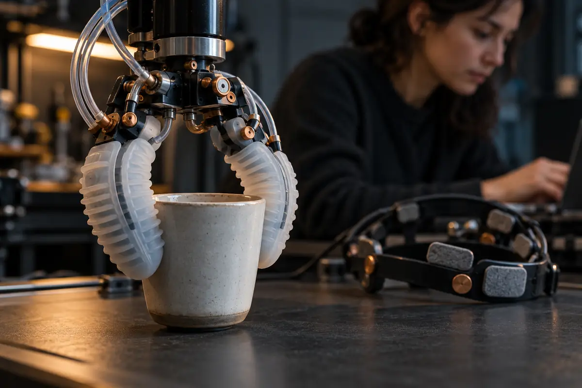 Concept image: soft robotic fingers holding a cup beside a removable neural sensing headband.