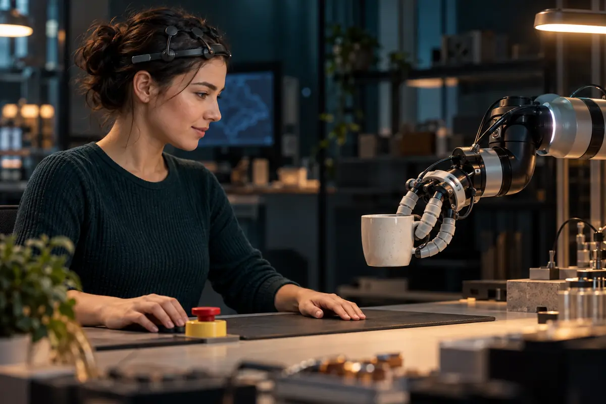Concept image: adult operating a non-invasive neural interface while directing a soft robotic gripper.