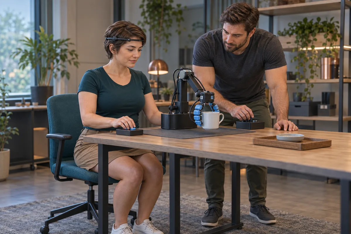 Concept image: A woman wearing an external sensing headband and a man work with a soft robot gripper holding a cup.