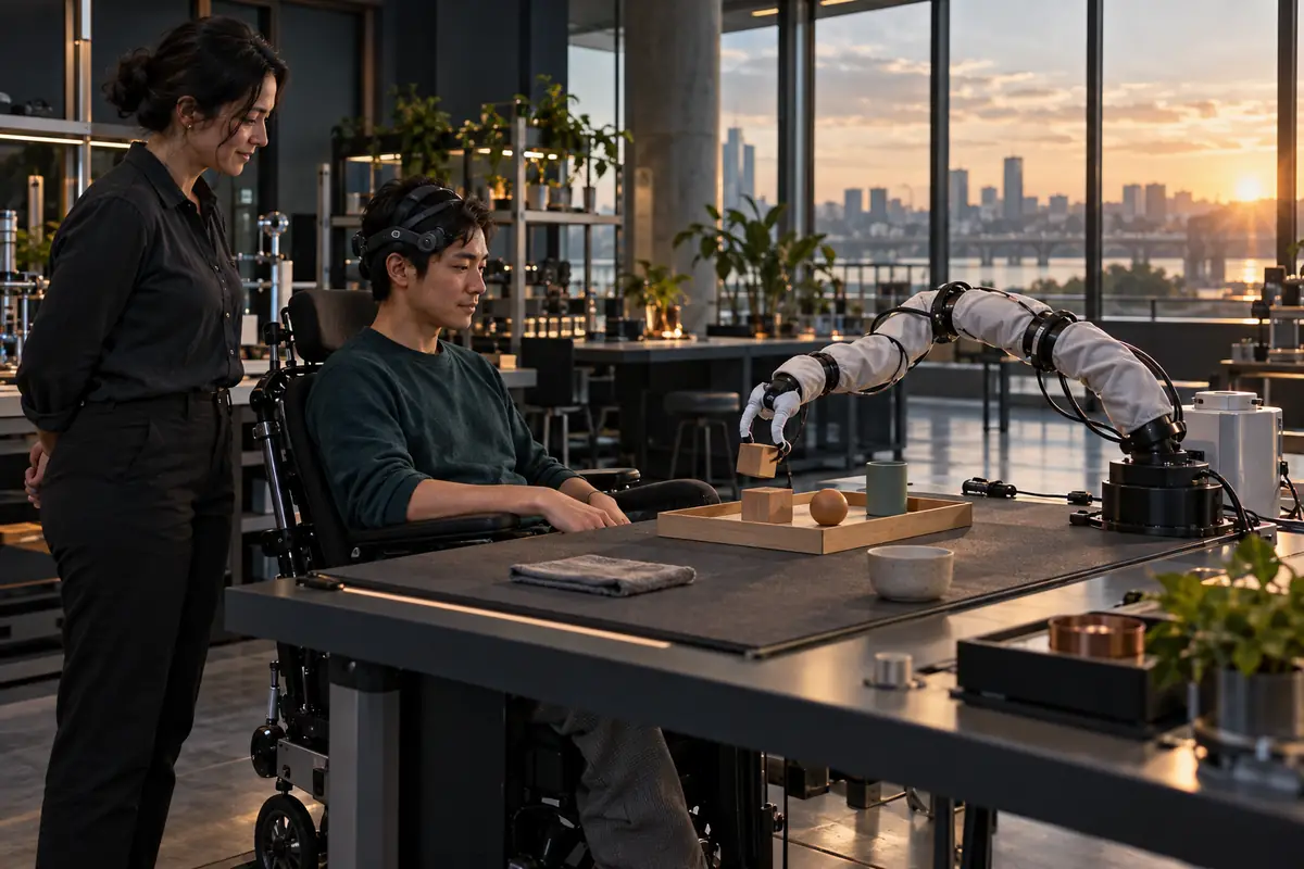Concept image: calm assistive robotics laboratory with an adult user and a soft robotic workstation.
