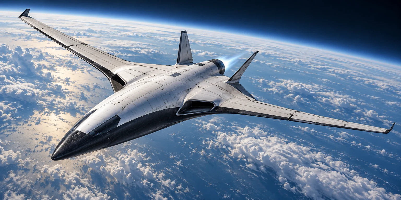 Concept spaceplane with folding outer wings, a lifting fuselage and a magnetic exhaust nozzle above Earth