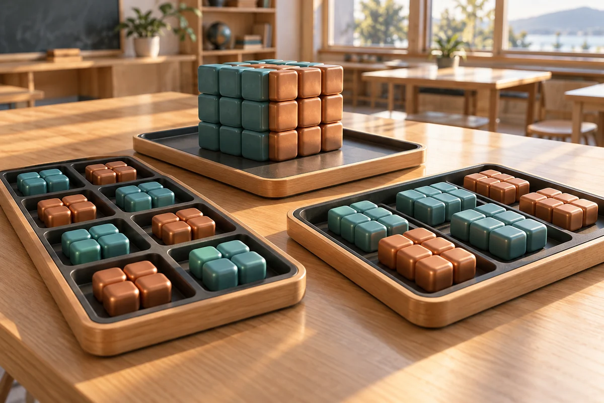 Concept image: geometric grouping trays and two-color unit blocks arranged as a tactile number-base learning system on an empty classroom table.