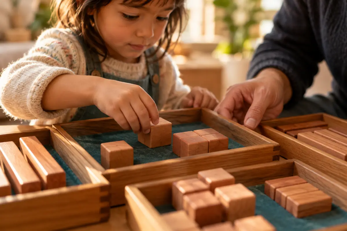 Concept image: a child's hands place an unmarked wooden block in a felt-lined grouping tray beside an educator's hand.