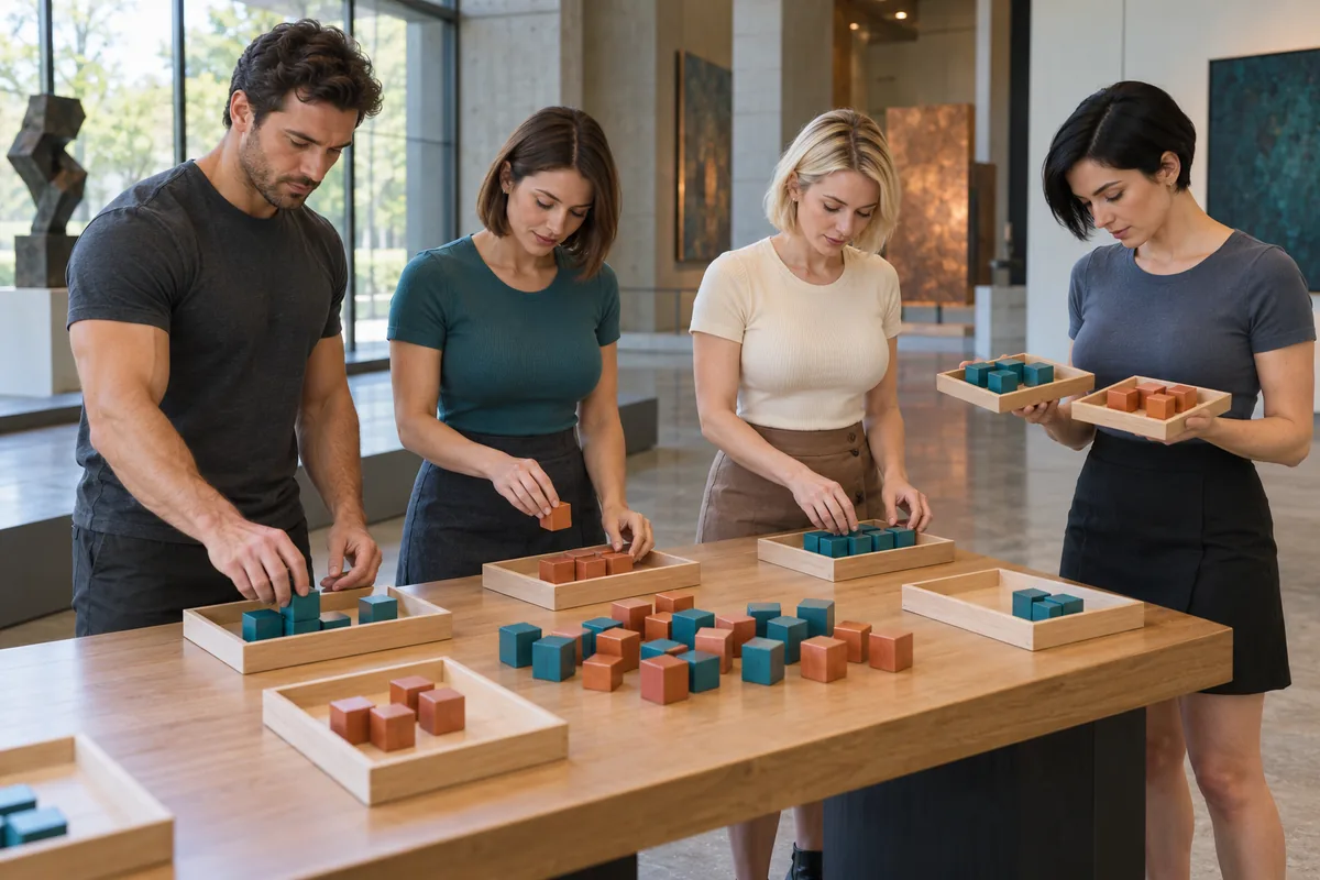 Concept image: Four adults use teal and copper grouping blocks and trays in a hands-on learning workshop.