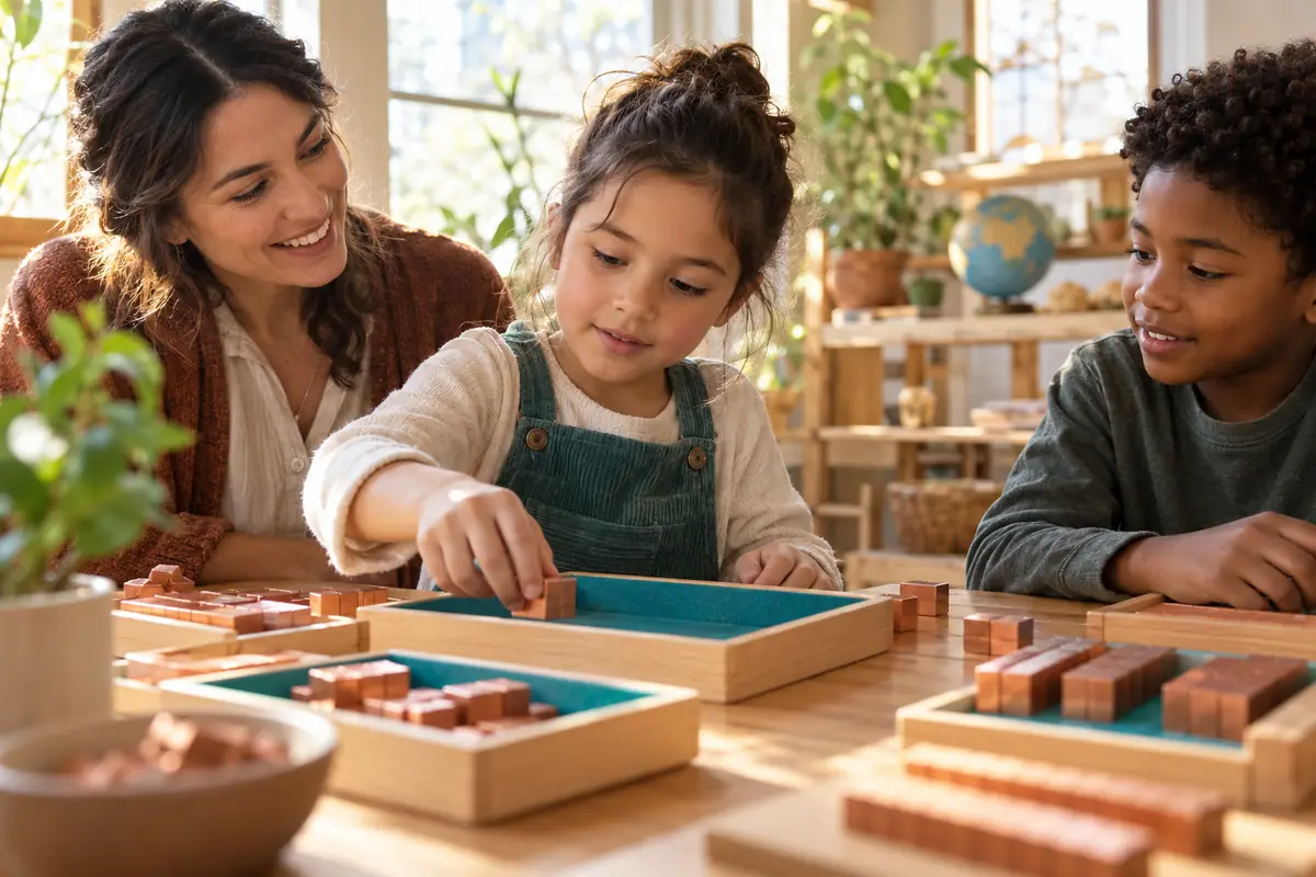 Concept image: an educator supports two children grouping plain counting blocks into trays at a classroom table.