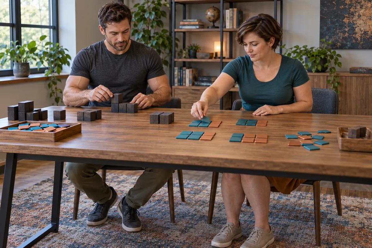 Concept image: Two adults arrange two-color counting tiles and grouped blocks during a hands-on learning activity.