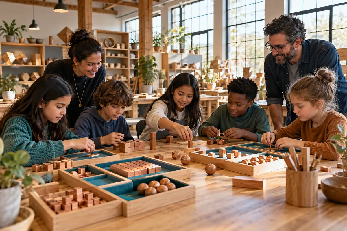 Concept image: children and adult educators explore counting blocks around a large table in a sunlit learning workshop.