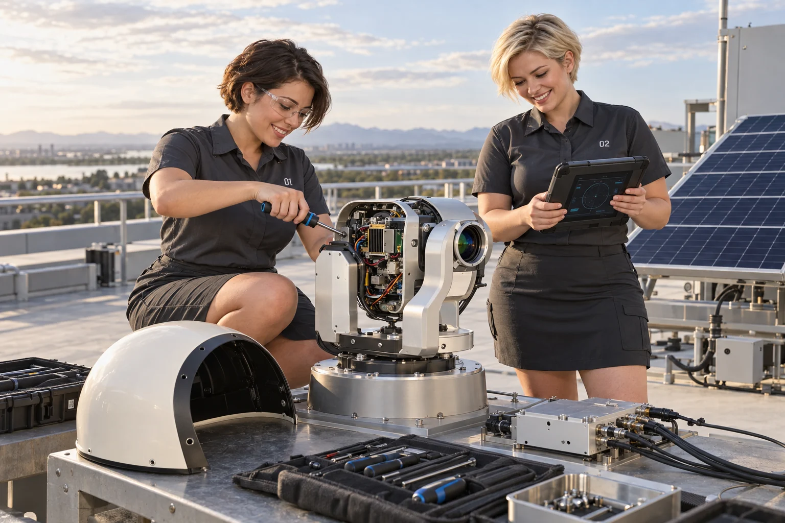 Adult short-haired maintenance technicians in numbered skirted uniforms inspecting a telemetry node at an outdoor service bench.
