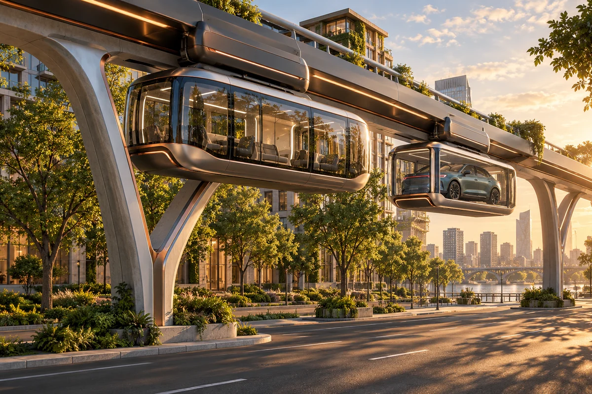 Concept image: an elevated transit guideway carrying an accessible enclosed pod and a separate small-car carrier above a landscaped boulevard.