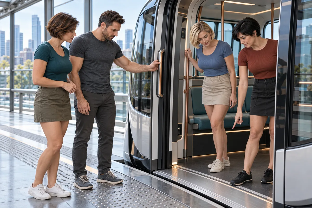 Concept image: Four adults examining the threshold, handle and interior of a stationary accessible transit pod.