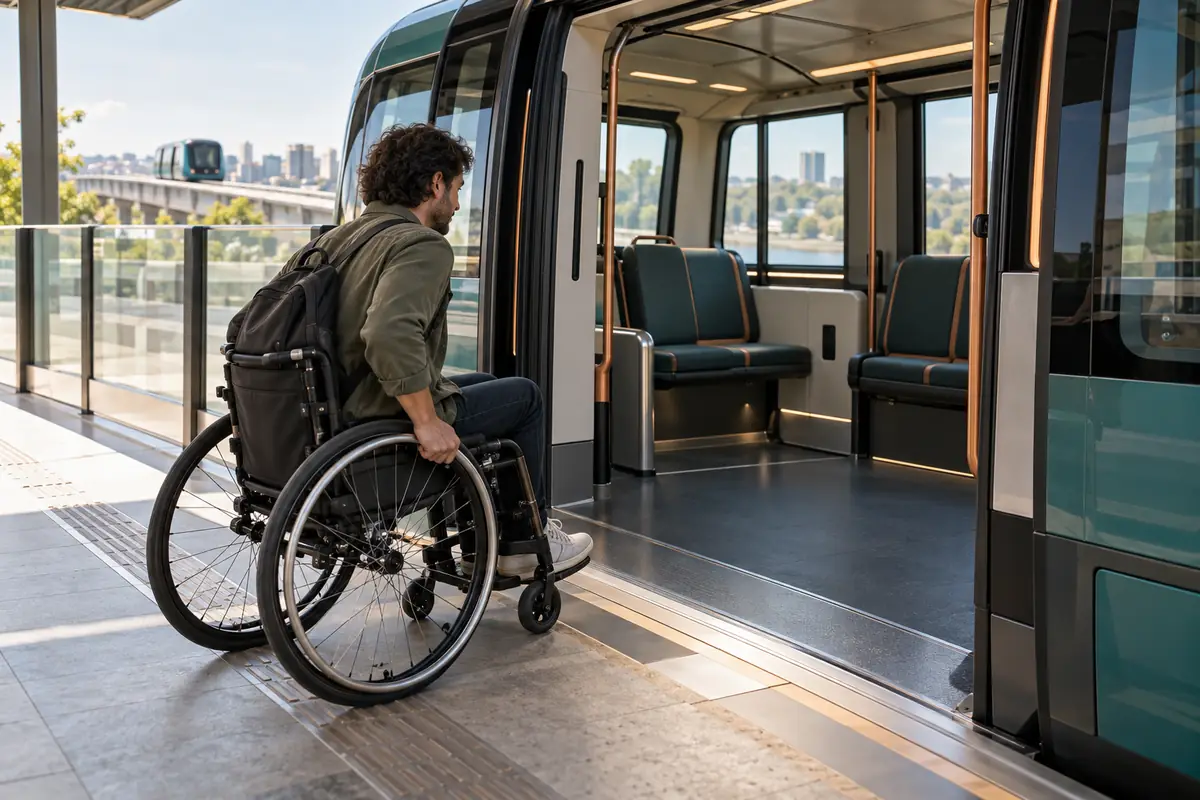 Concept image: a wheelchair user rolling across a flush boarding threshold into a compact elevated transit pod.