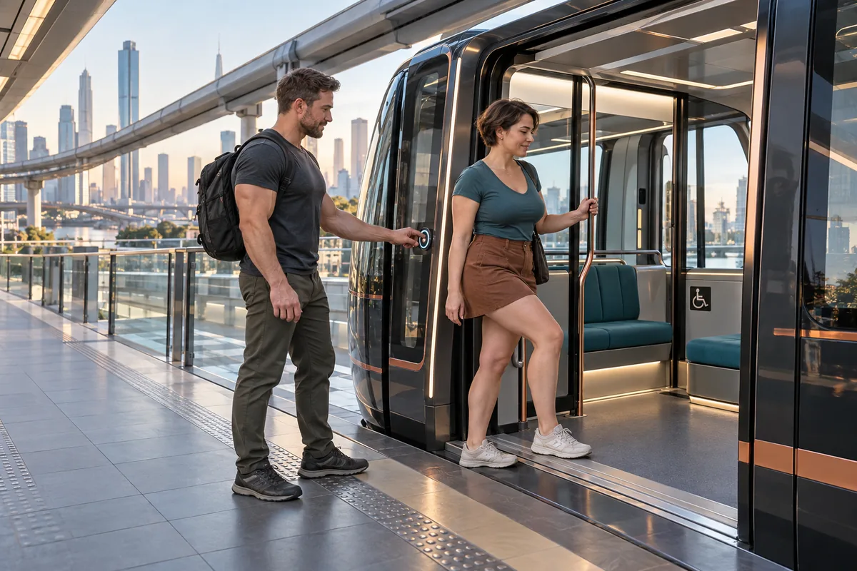 Concept image: Two adults board a passenger pod through its level doorway at an elevated station.