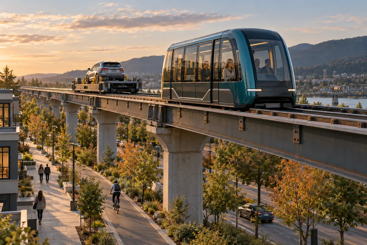 Concept image: elevated guideway above a landscaped urban street carrying a small passenger pod and a separate platform carrier with a compact car.