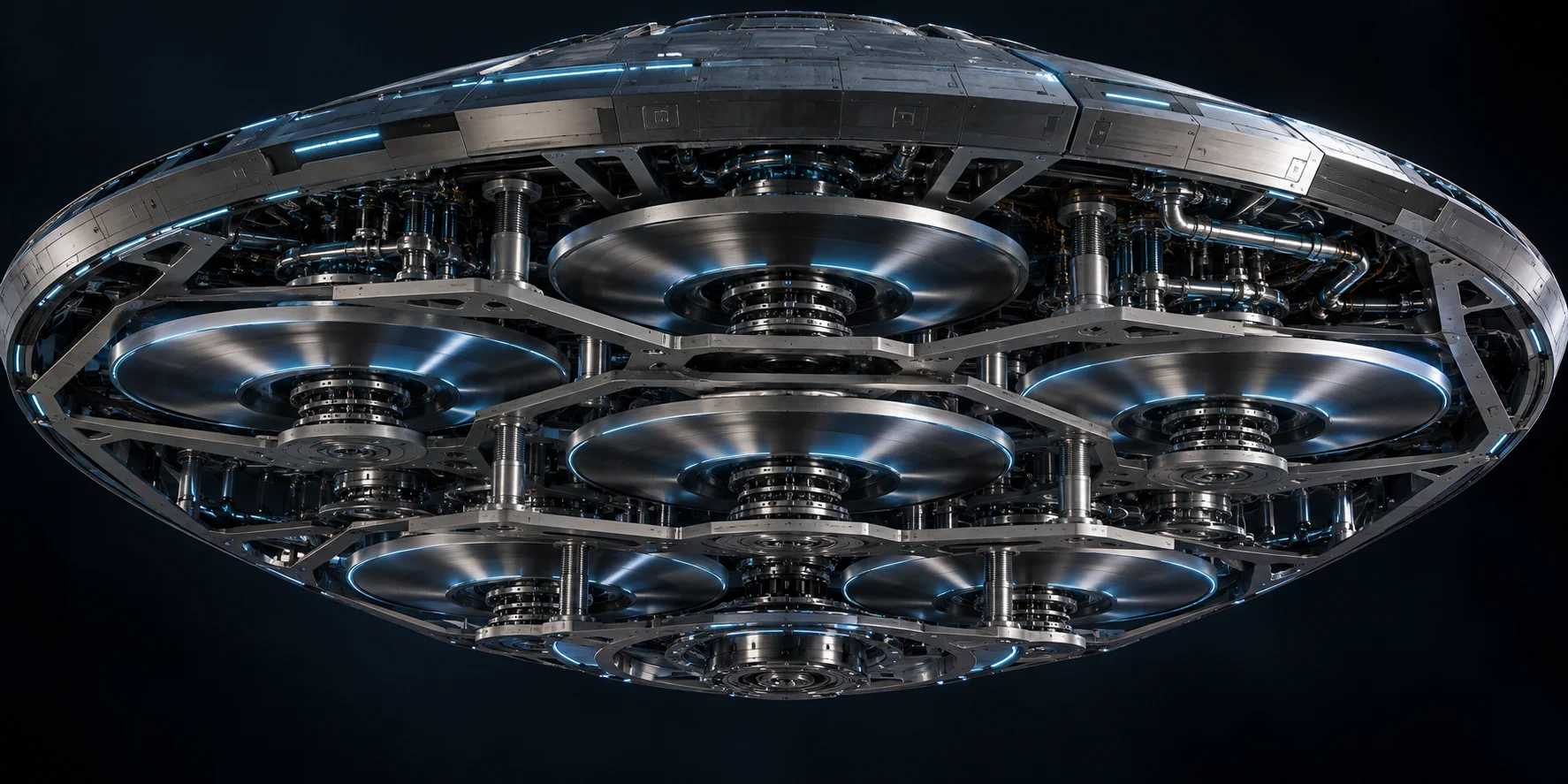Concept spacecraft with staggered superconducting rotor planes beneath its hull